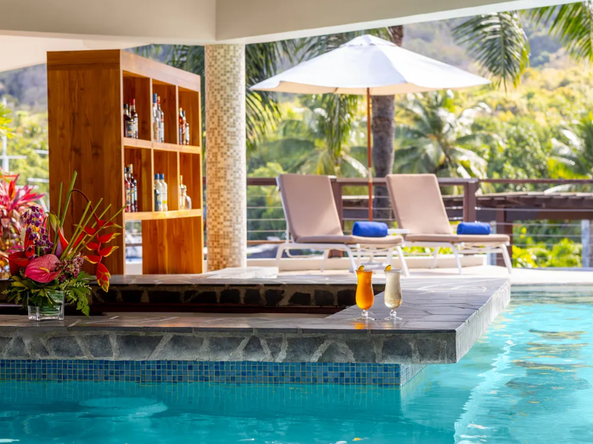 La Bateau swim-up bar adjacent to the infinity pool with tropical cocktails and bay views