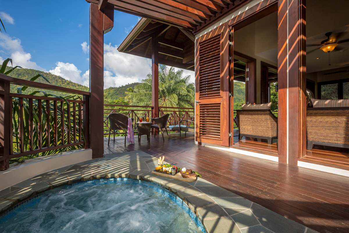 Penthouse Residence private plunge pool on terrace with commanding views of Marigot Bay marina