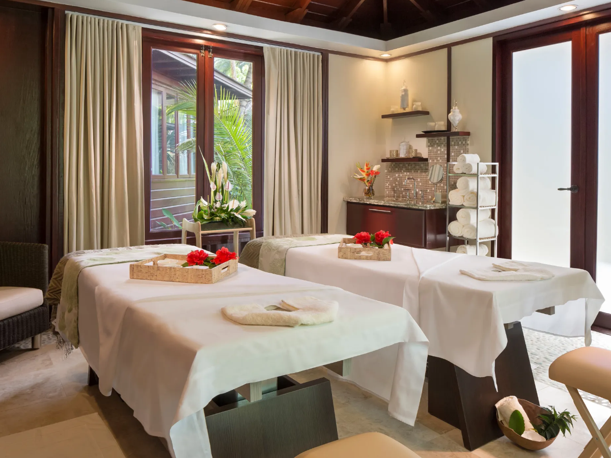 Zoetry Spa treatment room with serene tropical setting offering massages, facials, and traditional St. Lucian wellness treatments